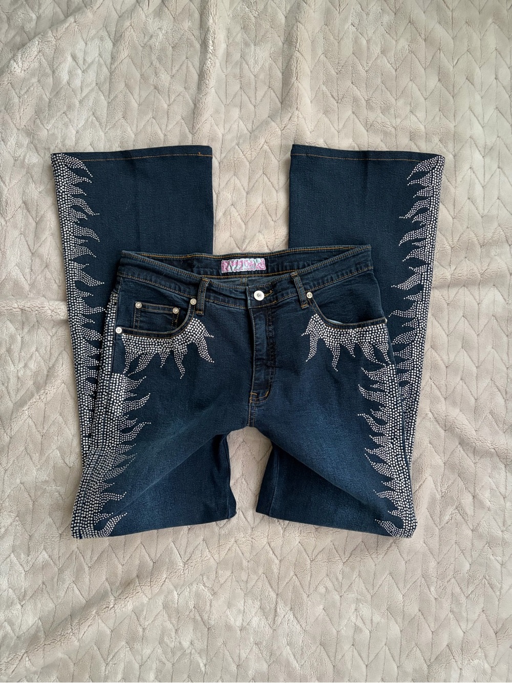 Dark Blue Womens Jeans with Rhinestone Flame Detail